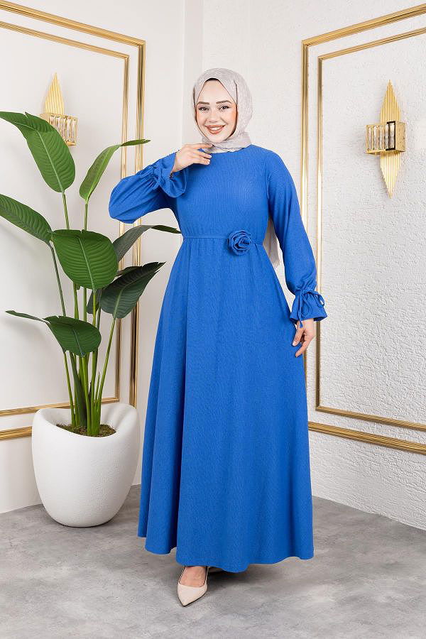 Kol Büzgülü Gül Detaylı Elbise-5030 Saks mavisi