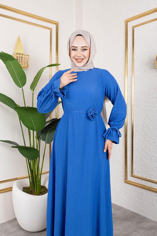 Kol Büzgülü Gül Detaylı Elbise-5030 Saks mavisi