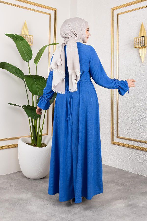 Kol Büzgülü Gül Detaylı Elbise-5030 Saks mavisi