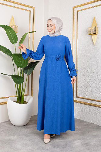 Kol Büzgülü Gül Detaylı Elbise-5030 Saks mavisi - Thumbnail