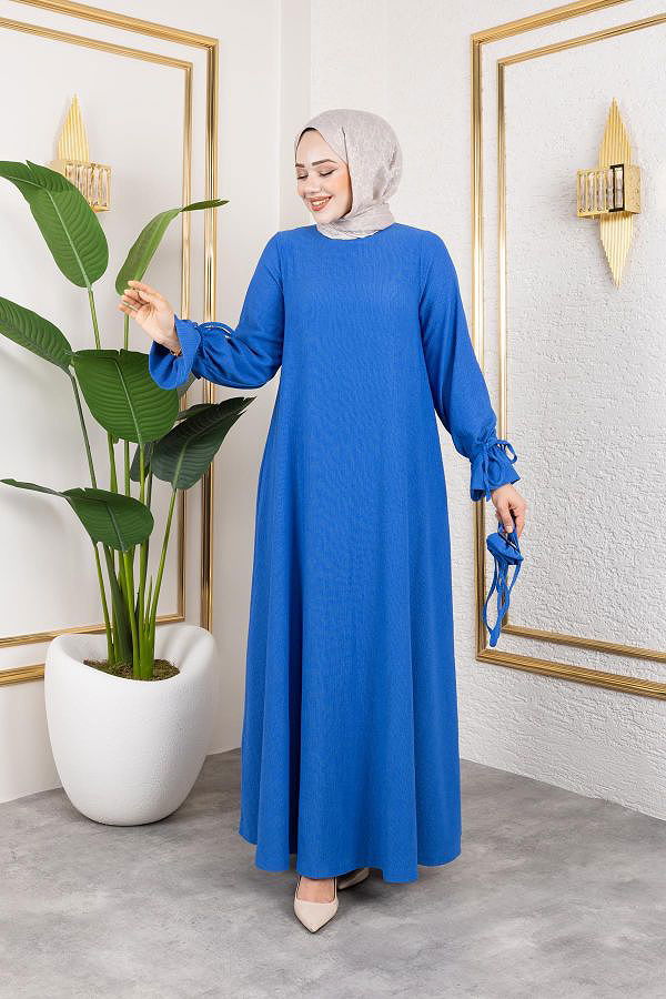 Kol Büzgülü Gül Detaylı Elbise-5030 Saks mavisi