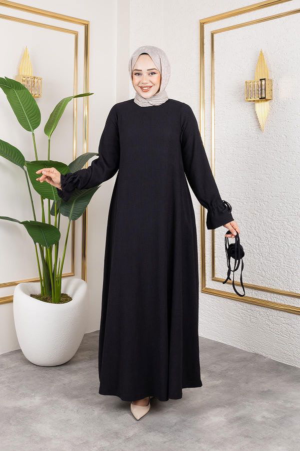 Kol Büzgülü Gül Detaylı Elbise-5030 Siyah