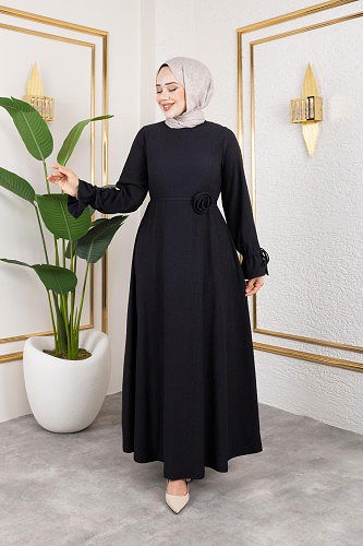 Kol Büzgülü Gül Detaylı Elbise-5030 Siyah - Thumbnail