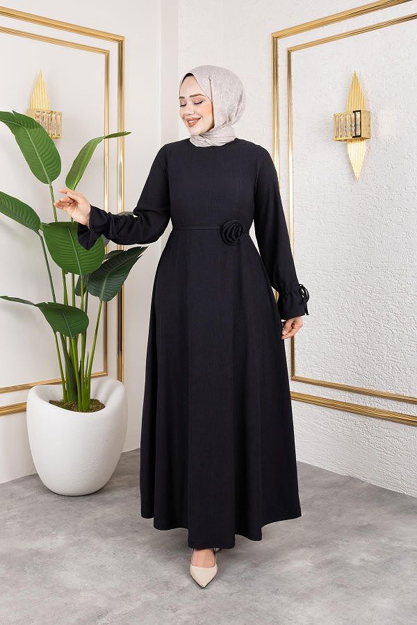 Kol Büzgülü Gül Detaylı Elbise-5030 Siyah