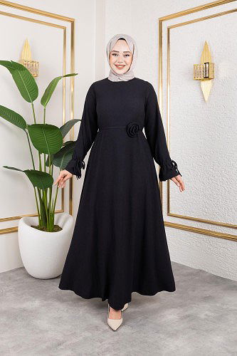 Modaebva - Kol Büzgülü Gül Detaylı Elbise-5030 Siyah
