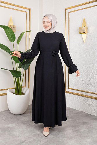 Kol Büzgülü Gül Detaylı Elbise-5030 Siyah - Thumbnail