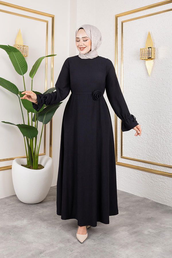 Kol Büzgülü Gül Detaylı Elbise-5030 Siyah