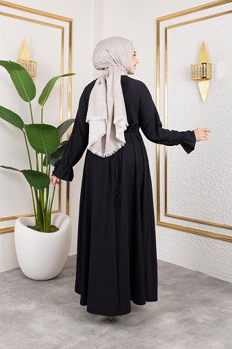 Kol Büzgülü Gül Detaylı Elbise-5030 Siyah - Thumbnail