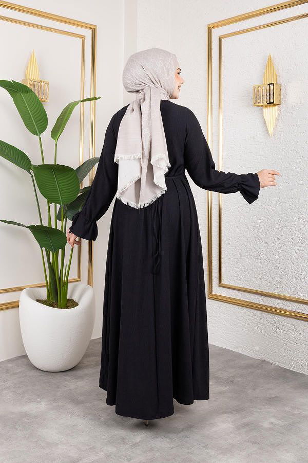 Kol Büzgülü Gül Detaylı Elbise-5030 Siyah