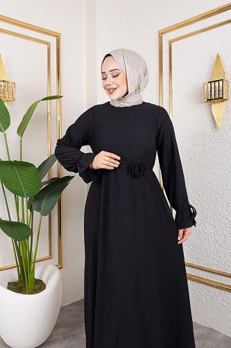 Kol Büzgülü Gül Detaylı Elbise-5030 Siyah - Thumbnail