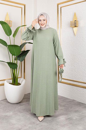 Kol Büzgülü Gül Detaylı Elbise-5030 Su yeşili - Thumbnail