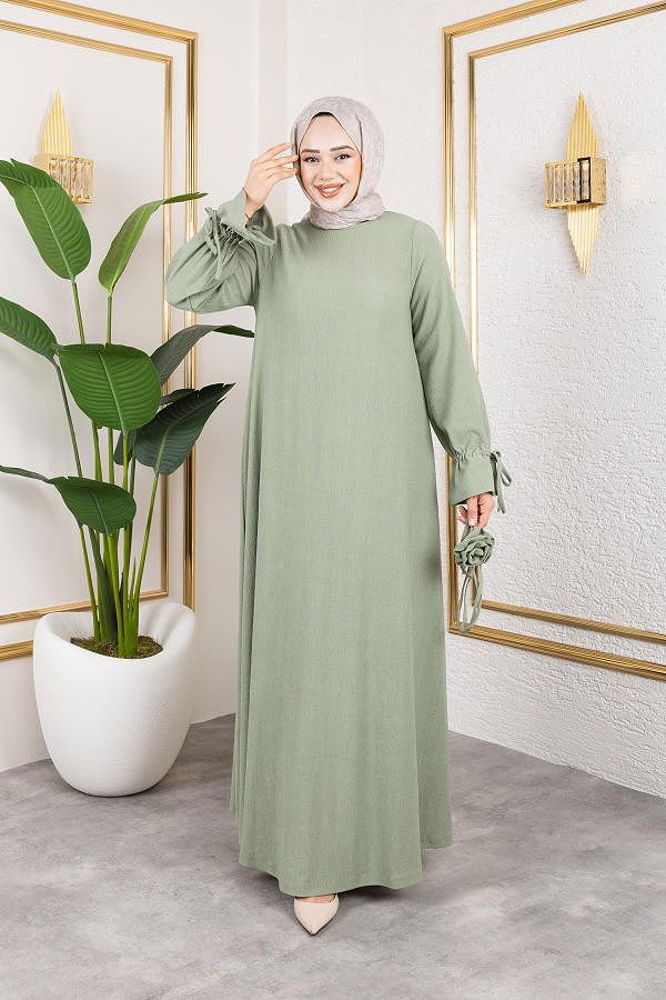 Kol Büzgülü Gül Detaylı Elbise-5030 Su yeşili