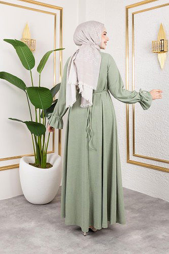 Kol Büzgülü Gül Detaylı Elbise-5030 Su yeşili - Thumbnail