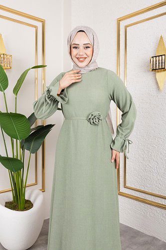 Kol Büzgülü Gül Detaylı Elbise-5030 Su yeşili - Thumbnail
