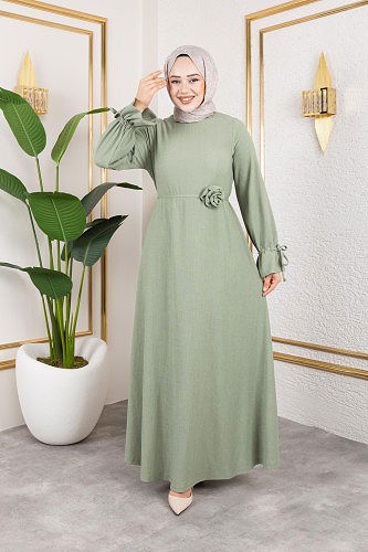 Kol Büzgülü Gül Detaylı Elbise-5030 Su yeşili - Thumbnail