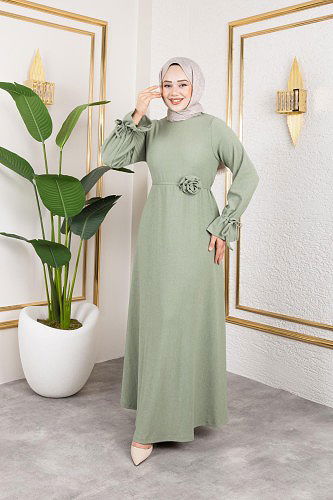 Kol Büzgülü Gül Detaylı Elbise-5030 Su yeşili - Thumbnail