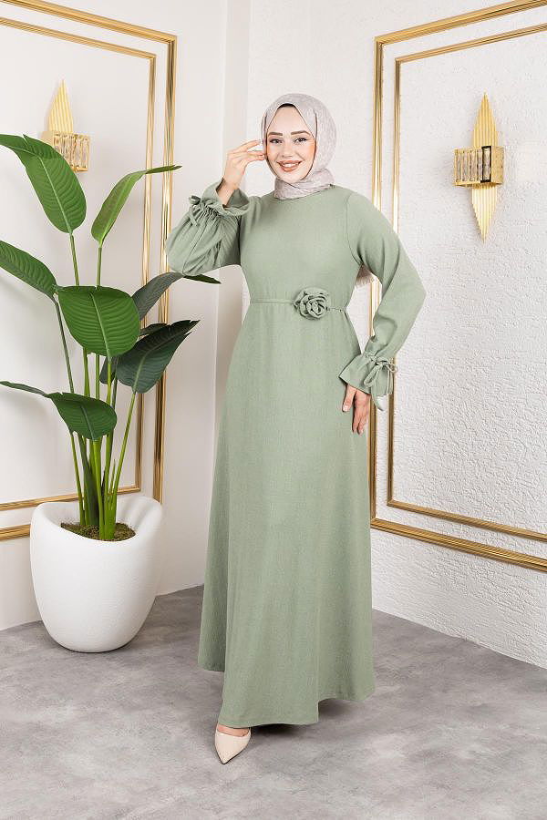 Kol Büzgülü Gül Detaylı Elbise-5030 Su yeşili
