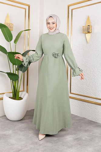 Kol Büzgülü Gül Detaylı Elbise-5030 Su yeşili - Thumbnail