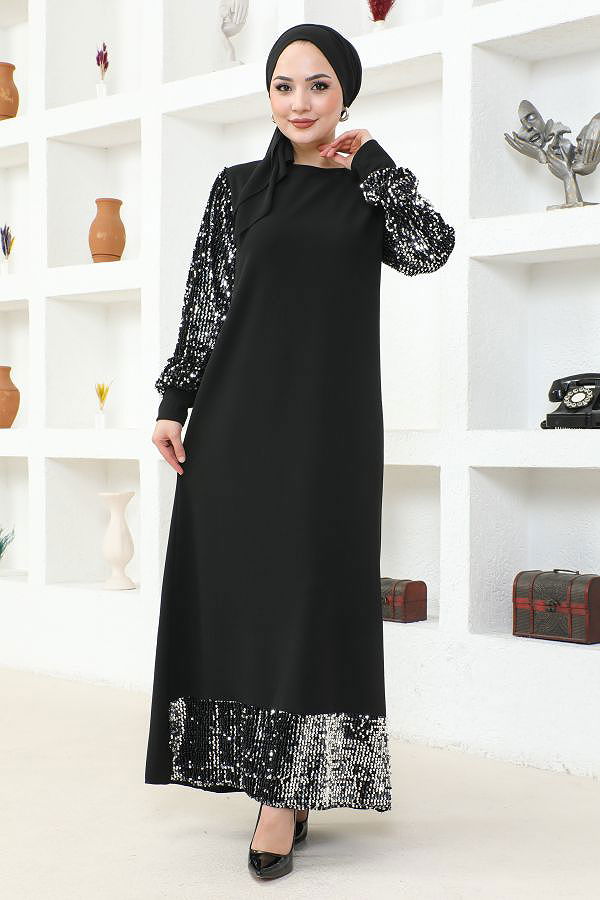 Kol Ve Etek Ucu Pulpayetli Tesettür Elbise-3181 Siyah
