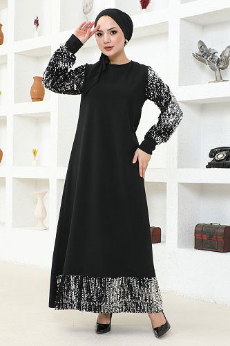 Kol Ve Etek Ucu Pulpayetli Tesettür Elbise-3181 Siyah - Thumbnail