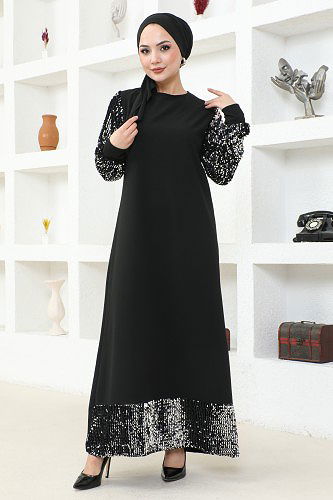 Kol Ve Etek Ucu Pulpayetli Tesettür Elbise-3181 Siyah - Thumbnail