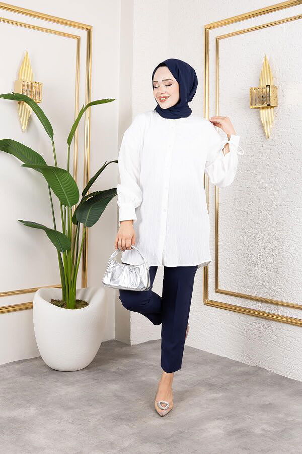 Kolları Bağcık Detaylı Tesettür Tunik-5218 Beyaz