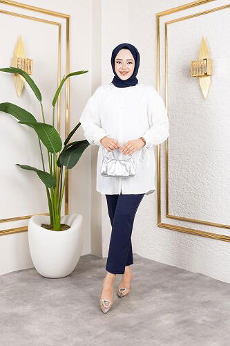 Kolları Bağcık Detaylı Tesettür Tunik-5218 Beyaz - Thumbnail