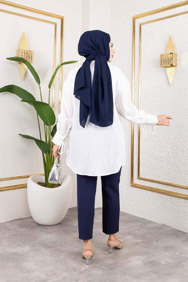 Kolları Bağcık Detaylı Tesettür Tunik-5218 Beyaz