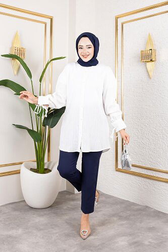 Modaebva - Kolları Bağcık Detaylı Tesettür Tunik-5218 Beyaz