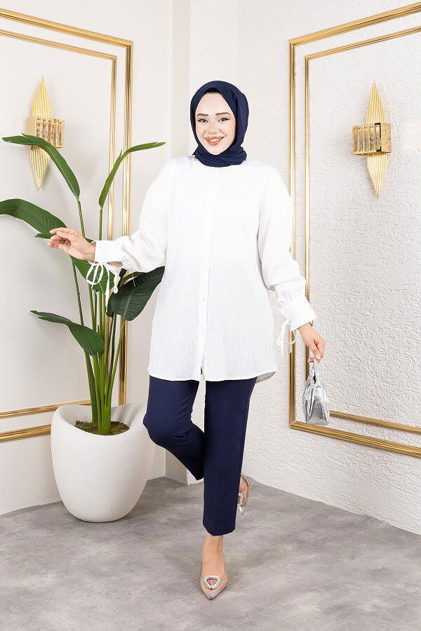 Kolları Bağcık Detaylı Tesettür Tunik-5218 Beyaz
