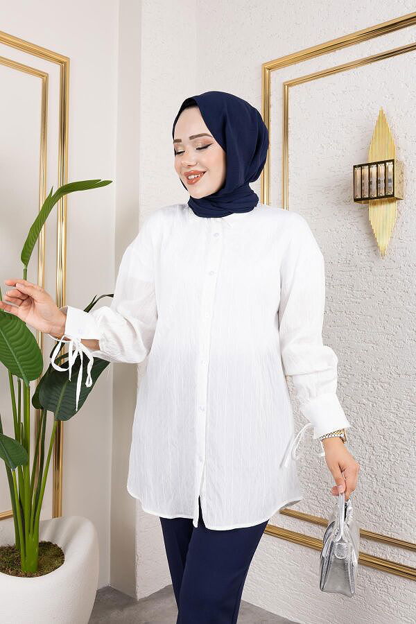 Kolları Bağcık Detaylı Tesettür Tunik-5218 Beyaz