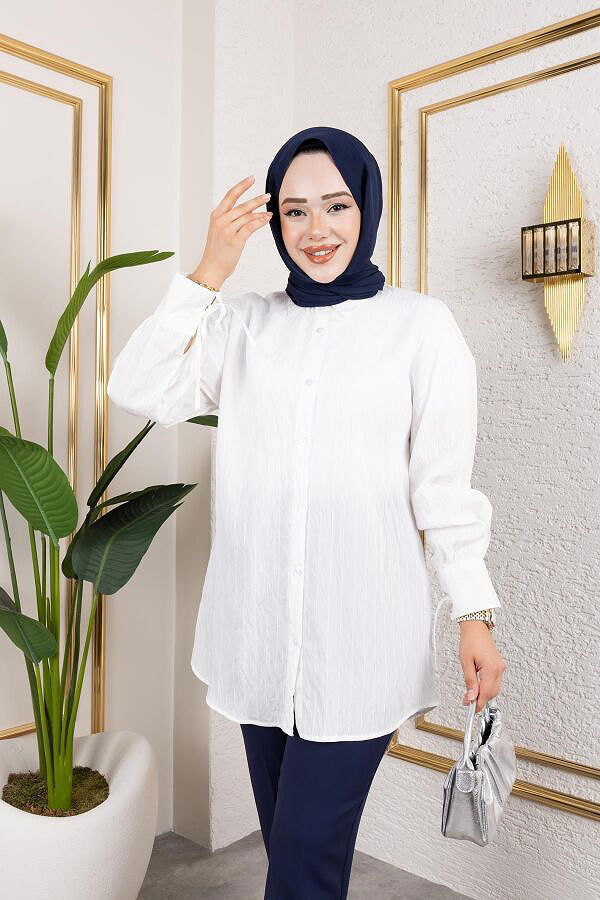 Kolları Bağcık Detaylı Tesettür Tunik-5218 Beyaz