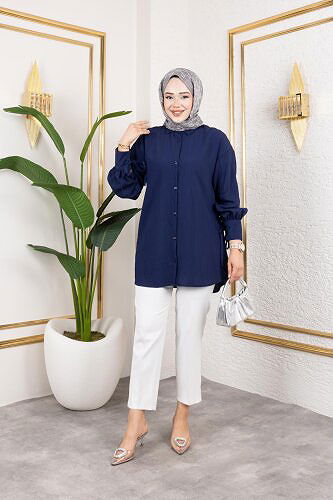 Modaebva - Kolları Bağcık Detaylı Tesettür Tunik-5218 Lacivert