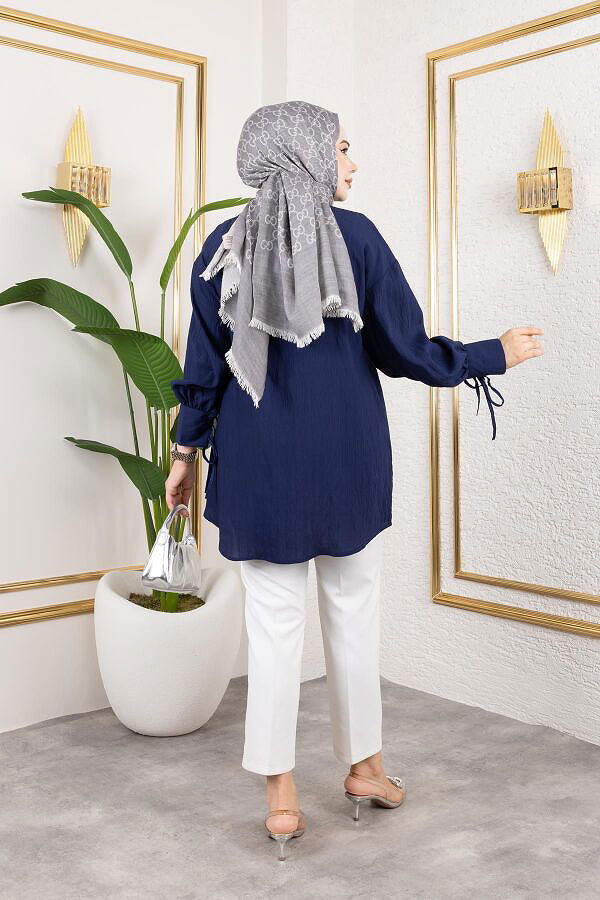 Kolları Bağcık Detaylı Tesettür Tunik-5218 Lacivert