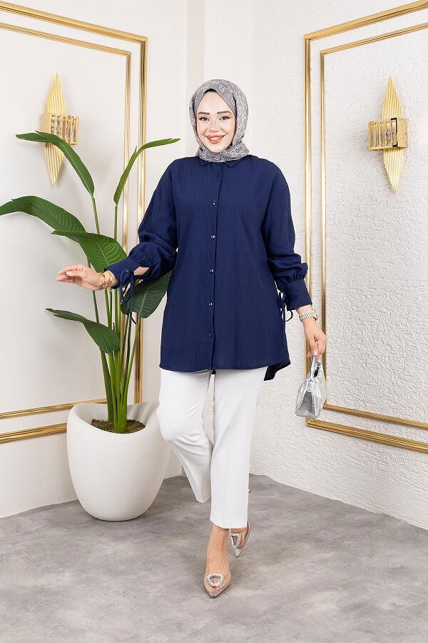 Kolları Bağcık Detaylı Tesettür Tunik-5218 Lacivert