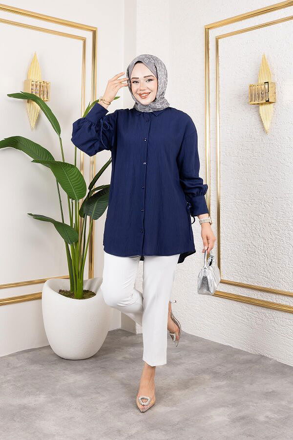 Kolları Bağcık Detaylı Tesettür Tunik-5218 Lacivert