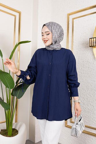 Modaebva - Kolları Bağcık Detaylı Tesettür Tunik-5218 Lacivert (1)