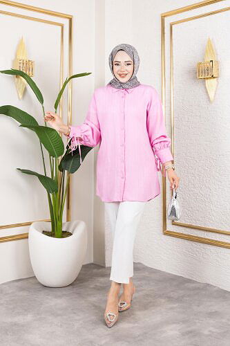 Kolları Bağcık Detaylı Tesettür Tunik-5218 Pembe - Thumbnail