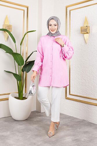 Kolları Bağcık Detaylı Tesettür Tunik-5218 Pembe - Thumbnail