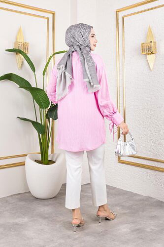 Kolları Bağcık Detaylı Tesettür Tunik-5218 Pembe - Thumbnail