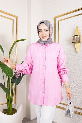 Modaebva - Kolları Bağcık Detaylı Tesettür Tunik-5218 Pembe (1)
