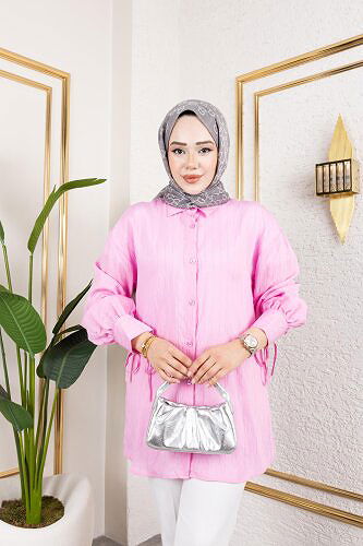 Kolları Bağcık Detaylı Tesettür Tunik-5218 Pembe - Thumbnail