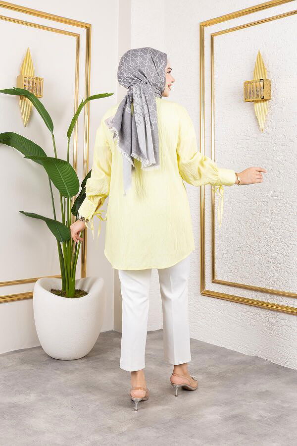 Kolları Bağcık Detaylı Tesettür Tunik-5218 Sarı