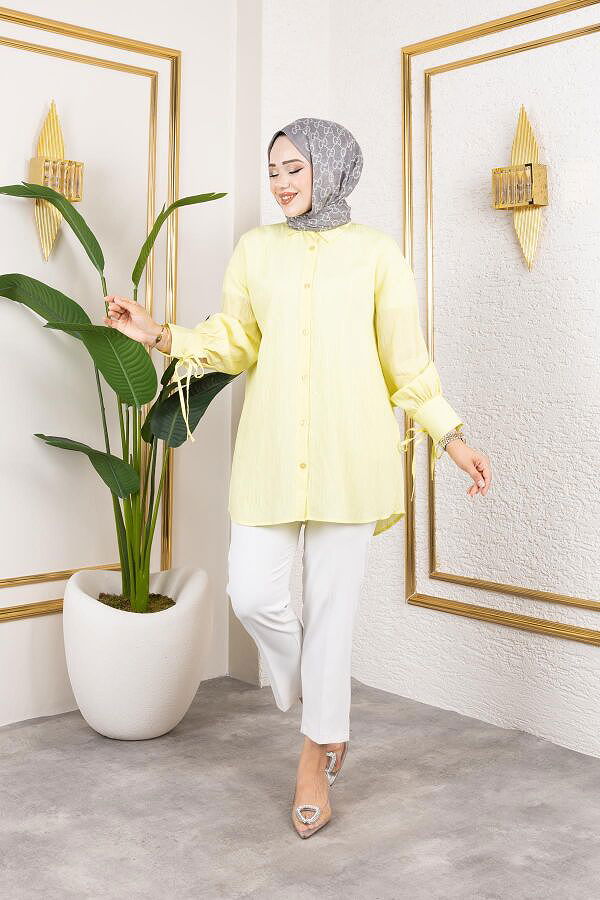 Kolları Bağcık Detaylı Tesettür Tunik-5218 Sarı