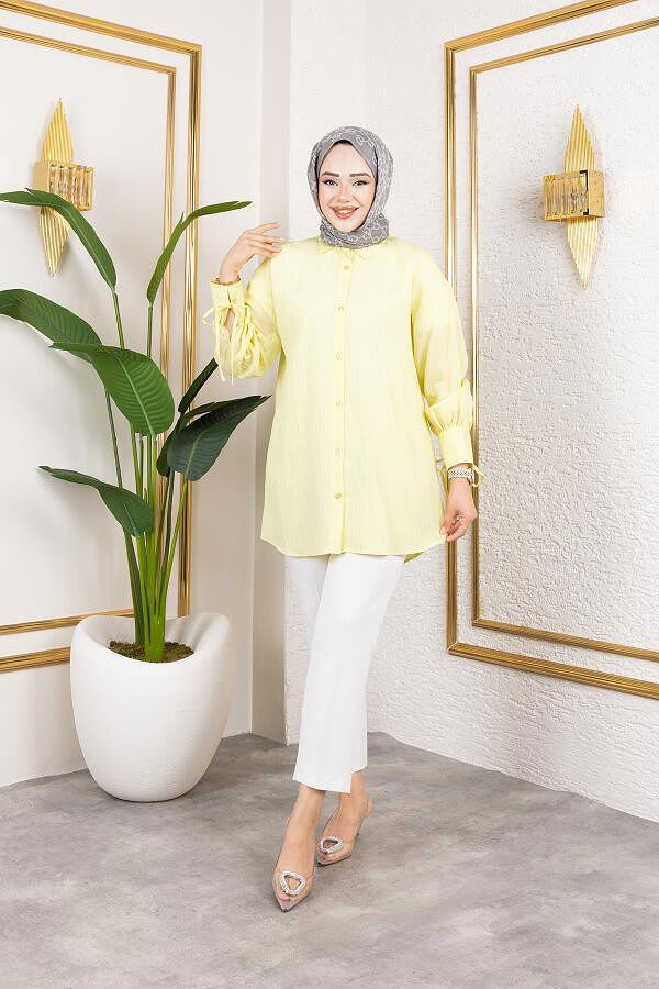 Kolları Bağcık Detaylı Tesettür Tunik-5218 Sarı