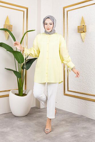 Kolları Bağcık Detaylı Tesettür Tunik-5218 Sarı - Thumbnail