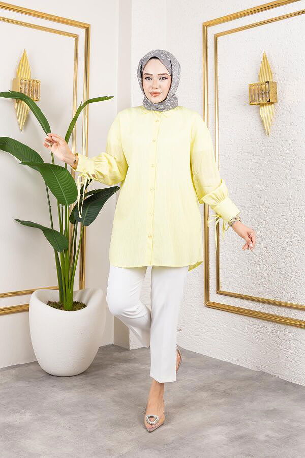 Kolları Bağcık Detaylı Tesettür Tunik-5218 Sarı