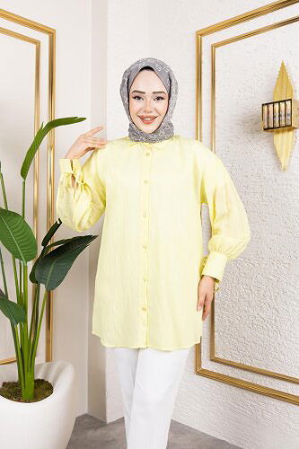 Kolları Bağcık Detaylı Tesettür Tunik-5218 Sarı - Thumbnail
