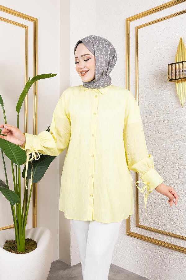 Kolları Bağcık Detaylı Tesettür Tunik-5218 Sarı