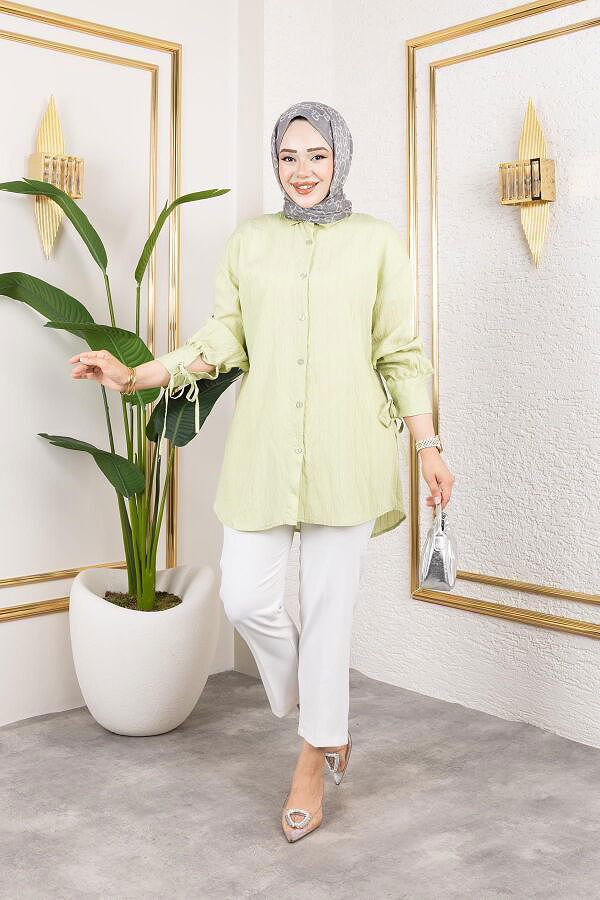Kolları Bağcık Detaylı Tesettür Tunik-5218 Yeşil